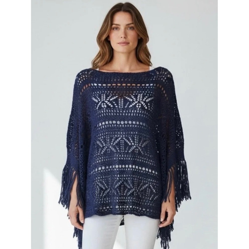White House Black Market Navy Blue Crochet Fringe Poncho Sweater Medium